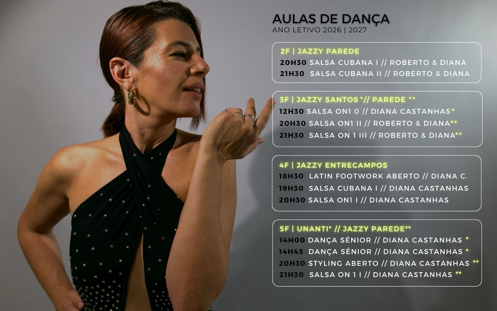 Cartaz com os horários das aulas de dança 2026/2027