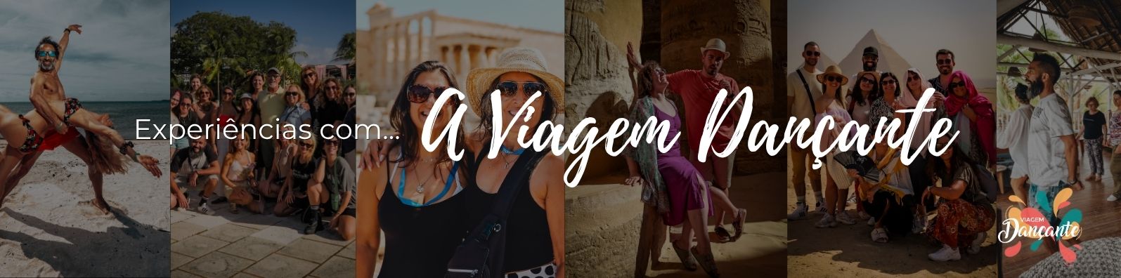 Colagem de fotos de viagens da Viagem Dançante em destinos como Zanzibar, Grécia e Egito