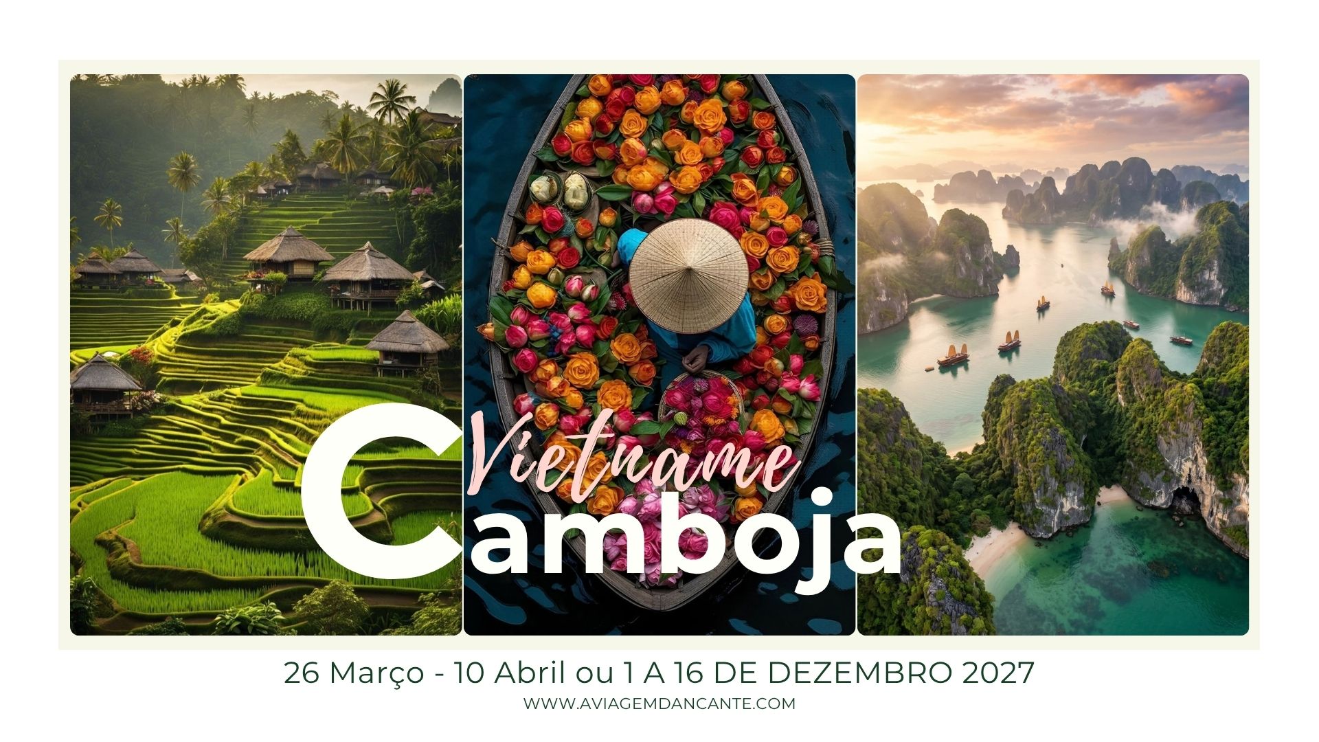 Colagem Vietname e Camboja: arrozais, mercado flutuante e Ha Long Bay